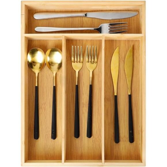 Bamboo drawer organizer silverware tray utensil holder cutlery storage divider - Picture 7 of 7